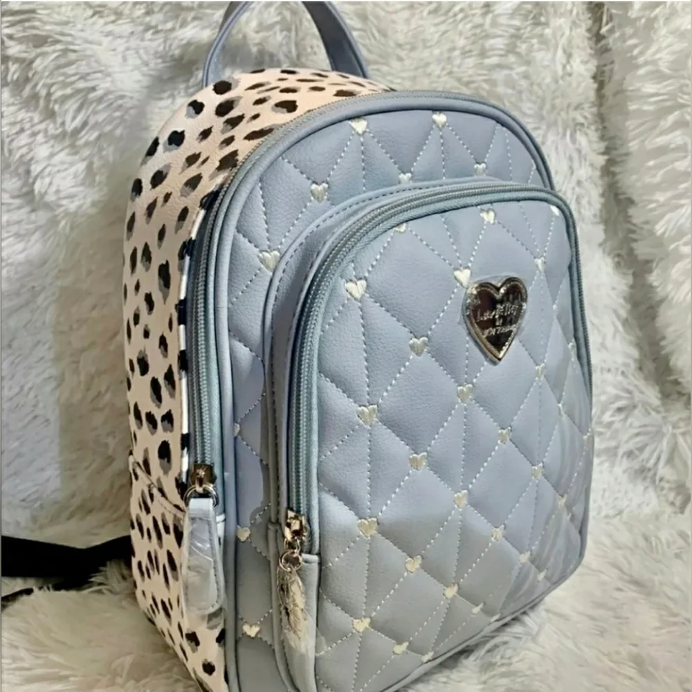 Betsey Johnson Gray Quilted Animal Heart Print Leather Travel Backpack